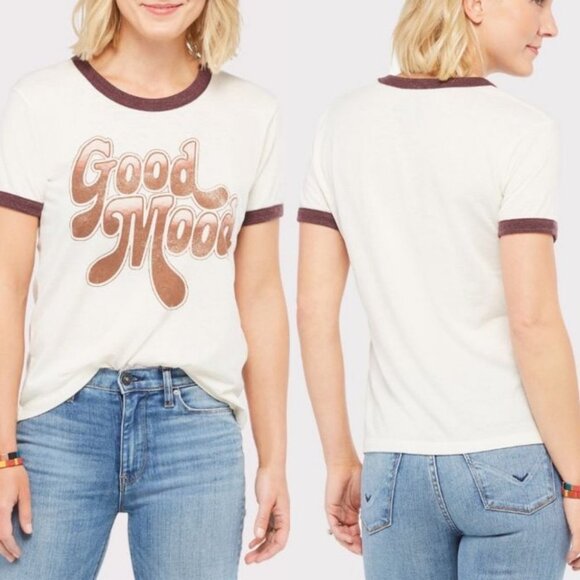 Chaser Retro Good Mood‎ Ringer Tee Size Medium White Brown T-Shirt Bohemian Top - Picture 2 of 10